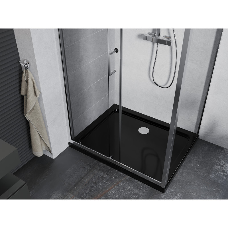 Mexen Apia Schiebeduschkabine 140 x 100 cm, transparent, Chrom + Flat-Duschwanne, schwarz - 840-140-100-01-00-4070