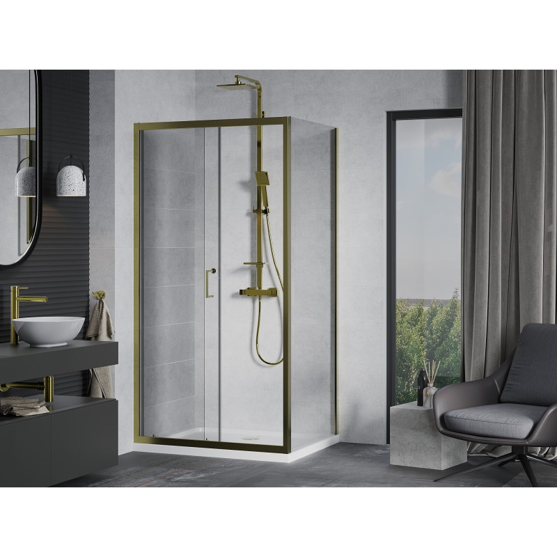 Mexen Apia Schiebeduschkabine 90 x 70 cm, transparent, gold + Flat Duschwanne, weiß - 840-090-070-50-00-4010G