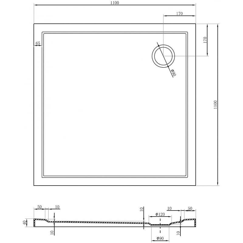 Mexen Flow quadratische Duschwanne slim 110 x 110 cm, schwarzmatt - 46S701111