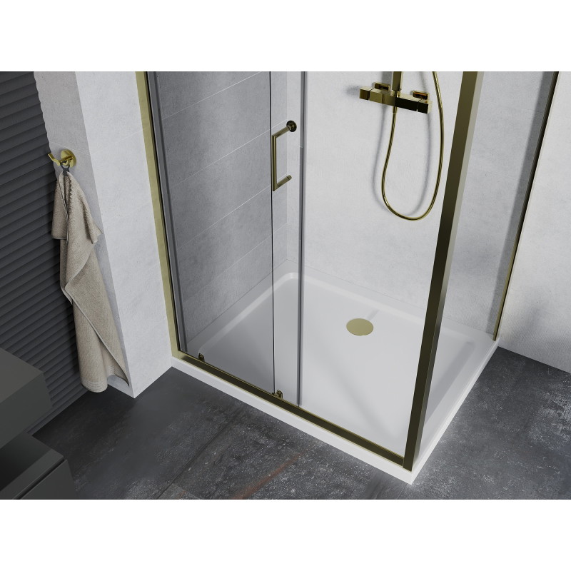 Mexen Apia Schiebedusche 90 x 80 cm, transparent, gold + Duschwanne Flat, weiß - 840-090-080-50-00-4010G