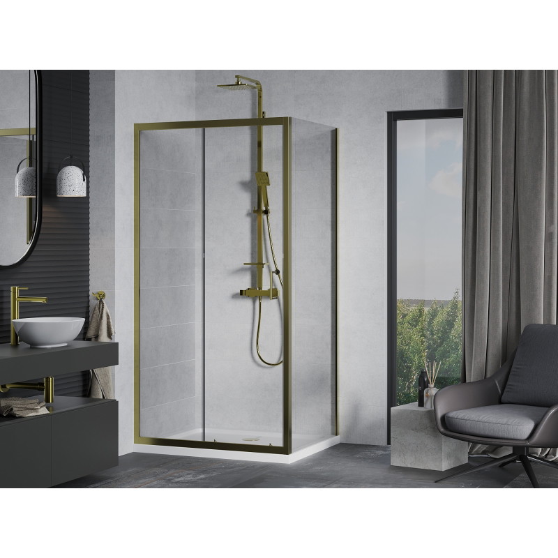 Mexen Apia Schiebedusche 90 x 80 cm, transparent, gold + Duschwanne Flat, weiß - 840-090-080-50-00-4010G