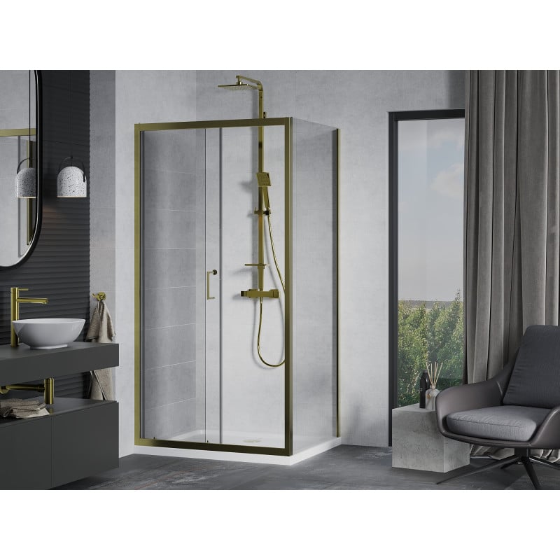 Mexen Apia Duschkabine Schiebetür 90 x 80 cm, transparent, gold + Duschwanne Flat, weiß- 840-090-080-50-00-4010G