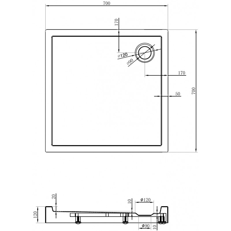 Mexen Flow+ Duschwanne quadratisch 70 x 70 cm, weiß glänzend - 46S107070H
