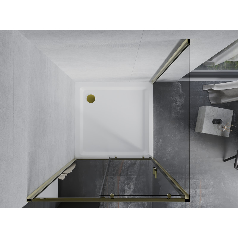 Mexen Apia Schiebeduschkabine 90 x 90 cm, transparent, gold + Flat Duschwanne, weiß - 840-090-090-50-00-4010G