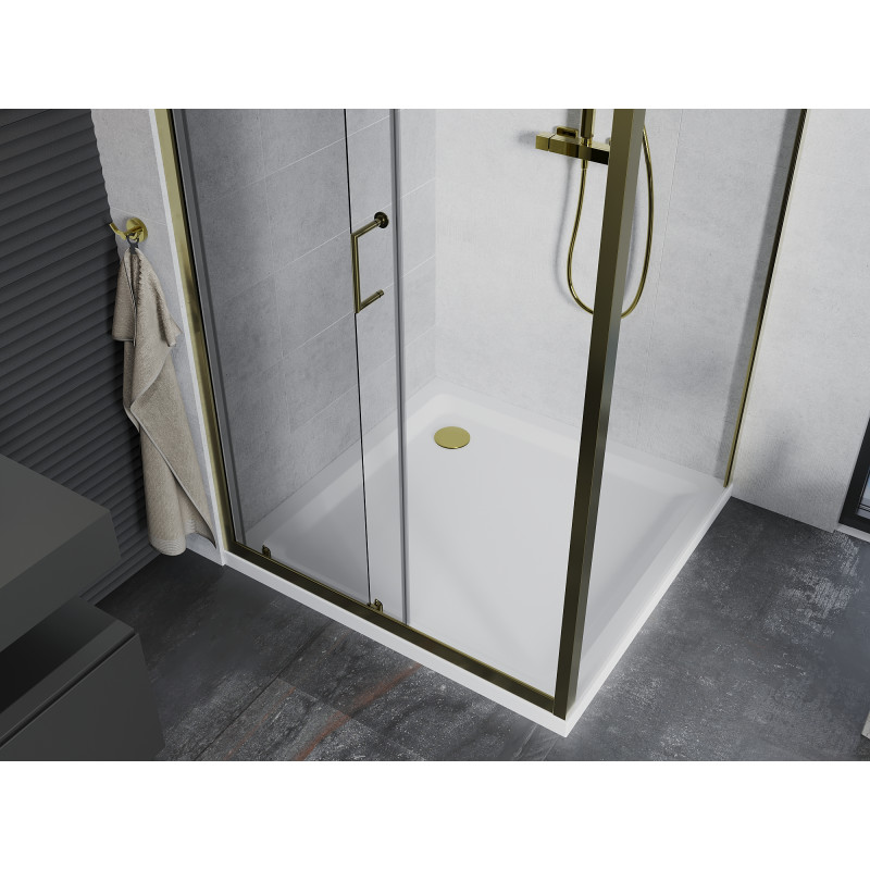 Mexen Apia Duschkabine Schiebetür 90 x 90 cm, transparent, gold + Duschwanne Flat, weiß- 840-090-090-50-00-4010G