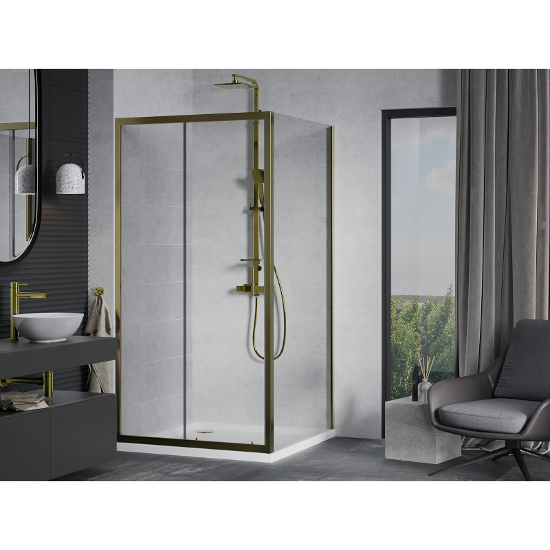 Mexen Apia Schiebeduschkabine 90 x 90 cm, transparent, gold + Flat Duschwanne, weiß - 840-090-090-50-00-4010G