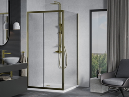 Mexen Apia Duschkabine Schiebetür 90 x 90 cm, transparent, gold + Duschwanne Flat, weiß- 840-090-090-50-00-4010G