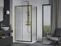 Mexen Apia Duschkabine Schiebetür 100 x 70 cm, transparent, gold + Duschwanne Flat, weiß- 840-100-070-50-00-4010G