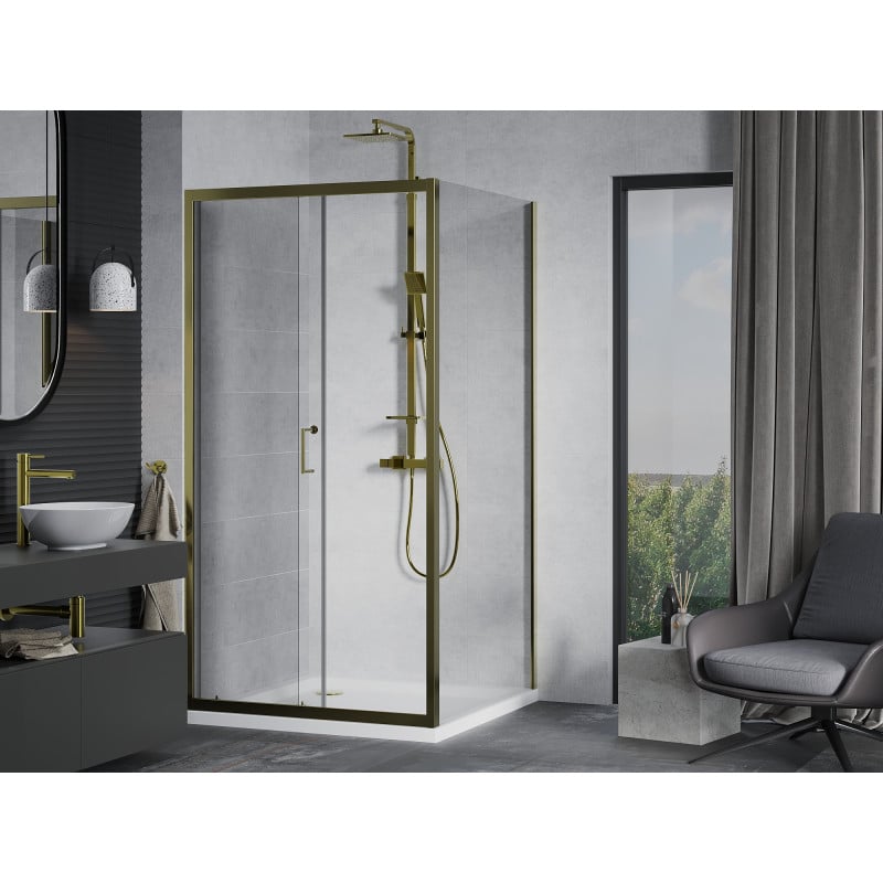 Mexen Apia Duschkabine, Schiebetür, 100 x 100 cm, transparent, gold + Duschwanne Flat, weiß- 840-100-100-50-00-4010G