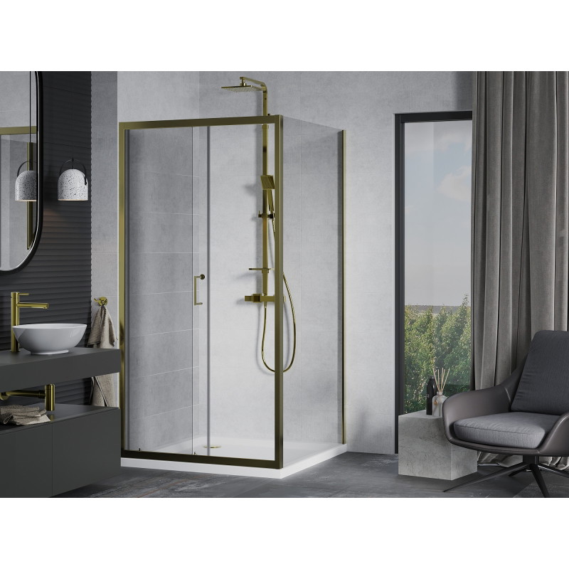 Mexen Apia Schiebedusche 100 x 100 cm, transparent, gold + Flat-Duschtasse, weiß - 840-100-100-50-00-4010G