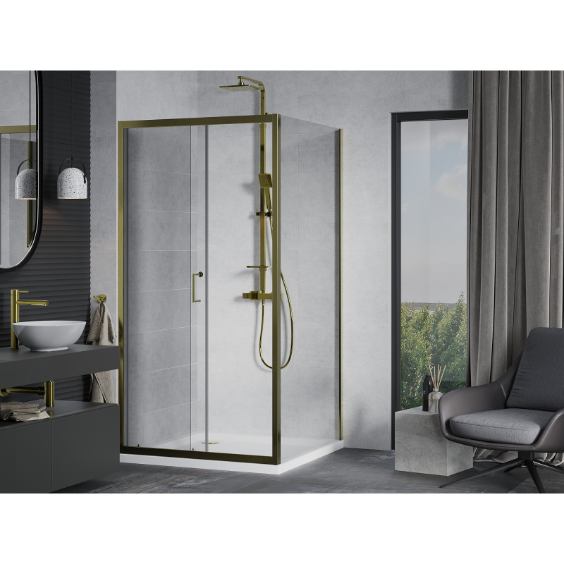 Mexen Apia Schiebeduschkabine 100 x 100 cm, transparent, gold + Flat-Duschwanne, weiß - 840-100-100-50-00-4010G