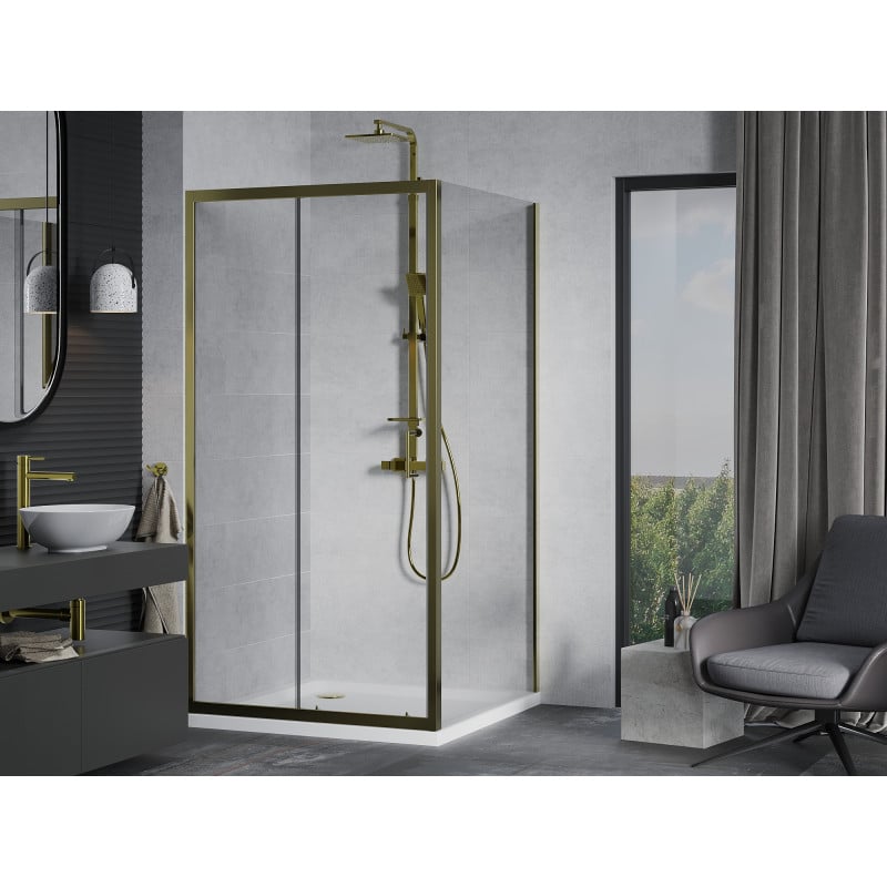 Mexen Apia Duschkabine, Schiebetür, 100 x 100 cm, transparent, gold + Duschwanne Flat, weiß- 840-100-100-50-00-4010G