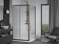 Mexen Apia Duschkabine, Schiebetür, 100 x 100 cm, transparent, gold + Duschwanne Flat, weiß- 840-100-100-50-00-4010G