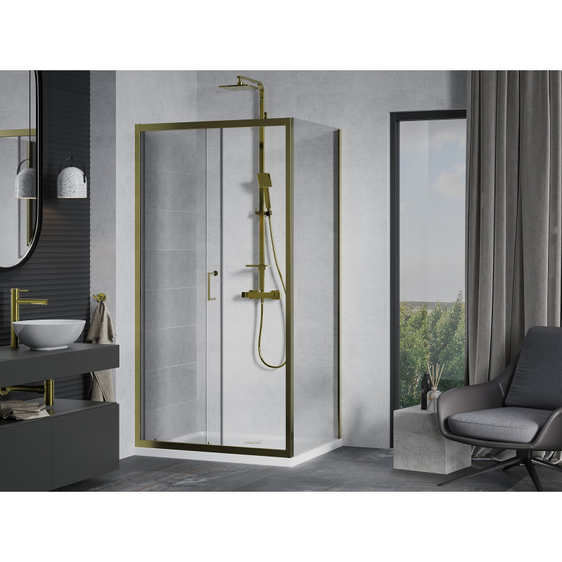 Mexen Apia Schiebetür-Duschkabine 120 x 70 cm, transparent, gold + Flat Duschwanne, weiß- 840-120-070-50-00-4010G