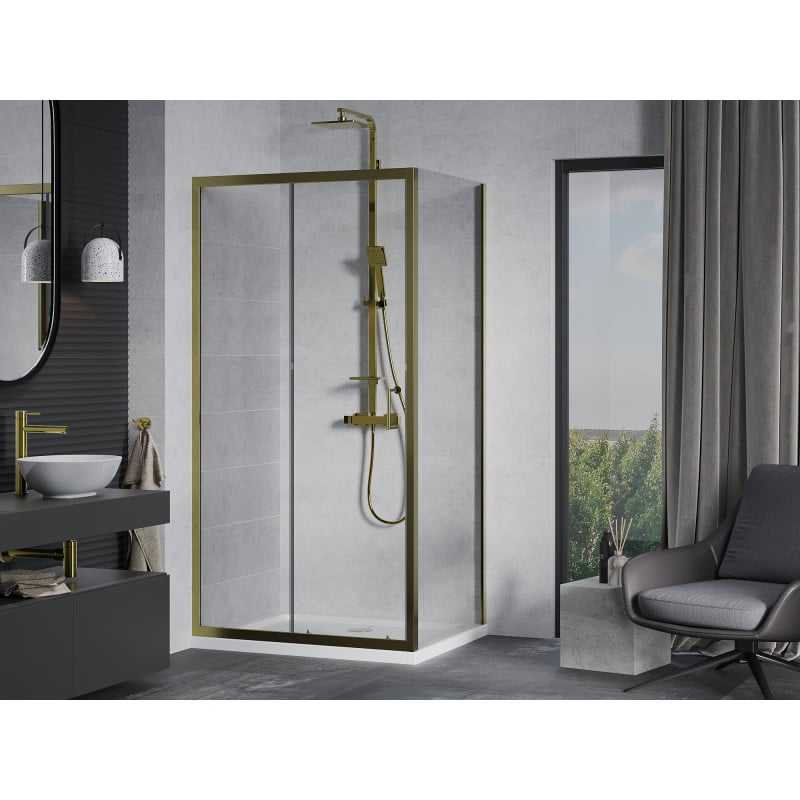 Mexen Apia Duschkabine, Schiebetür 130 x 80 cm, transparent, gold + Duschwanne Flat, weiß- 840-130-080-50-00-4010G