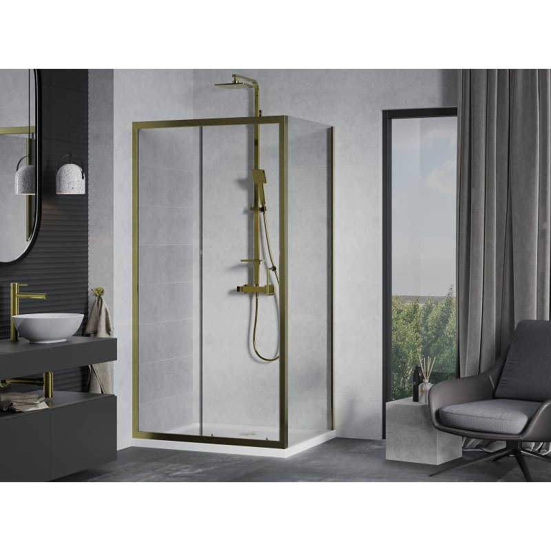Mexen Apia Schiebetür-Duschkabine 130 x 80 cm, transparent, gold + Duschtasse Flat, weiß - 840-130-080-50-00-4010G