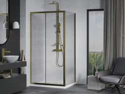 Mexen Apia Duschkabine Schiebetür 130 x 90 cm, transparent, gold + Duschwanne Flat, weiß- 840-130-090-50-00-4010G
