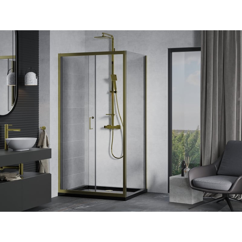 Mexen Apia Duschkabine zum Schieben 90 x 80 cm, transparent, gold + Duschwanne Flat, schwarz - 840-090-080-50-00-4070G