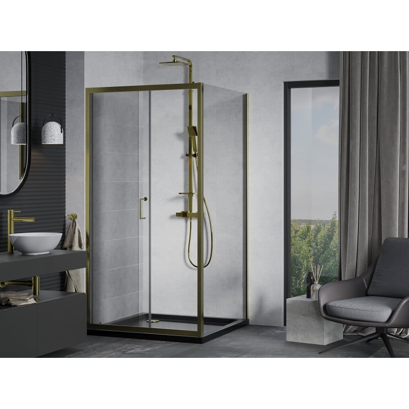 Mexen Apia Duschkabine Schiebetür 90 x 90 cm, transparent, gold + Duschwanne Flat, schwarz - 840-090-090-50-00-4070G