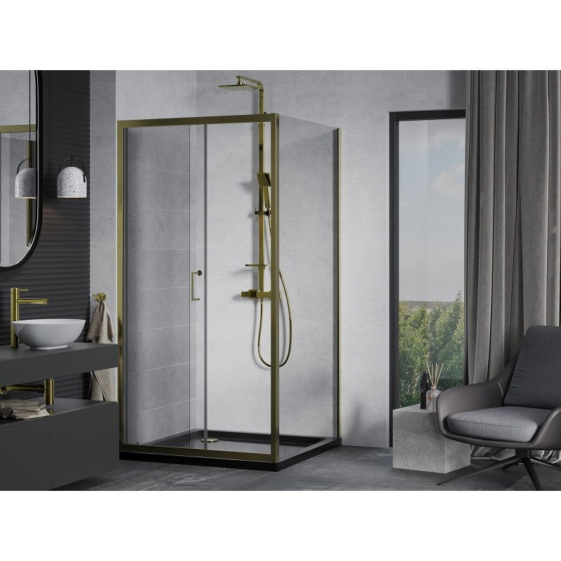 Mexen Apia Schiebeduschkabine 90 x 90 cm, transparent, gold + Duschwanne Flat, schwarz - 840-090-090-50-00-4070G