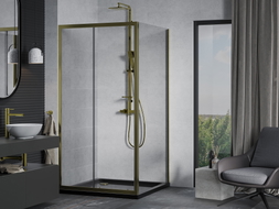Mexen Apia Duschkabine Schiebetür 90 x 90 cm, transparent, gold + Duschwanne Flat, schwarz - 840-090-090-50-00-4070G