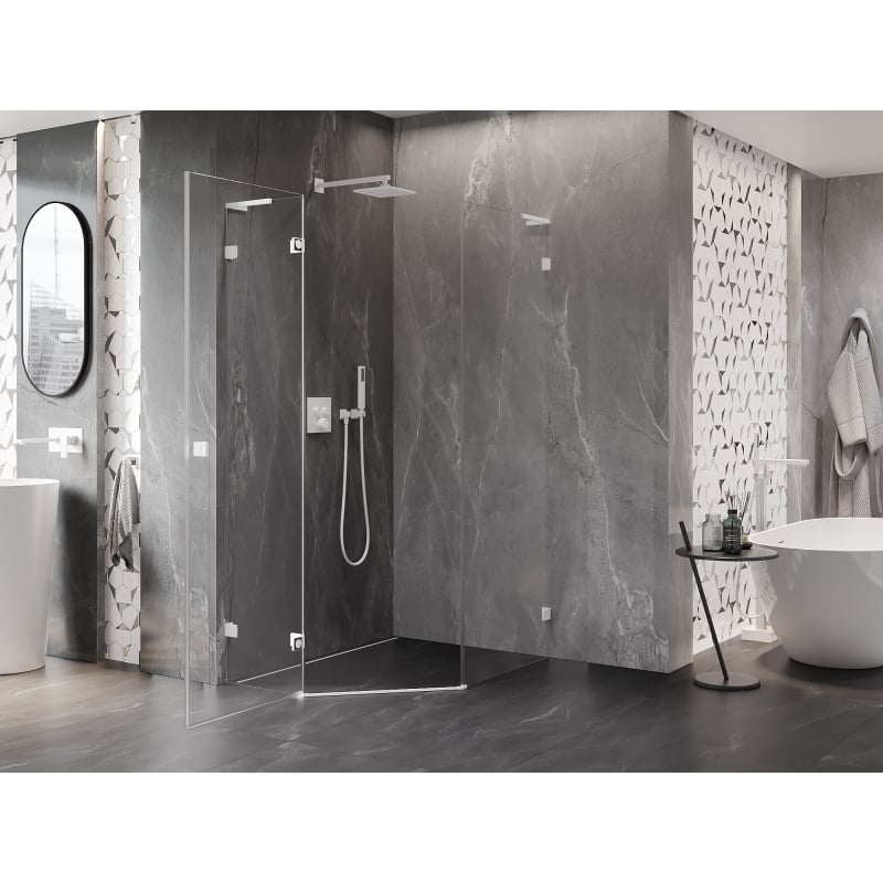 Mexen Lunar L Fünfeck-Duschkabine, schwenkbar, links 80 x 100 cm, transparent, weiß - 831L-080L-100P-20-00-L