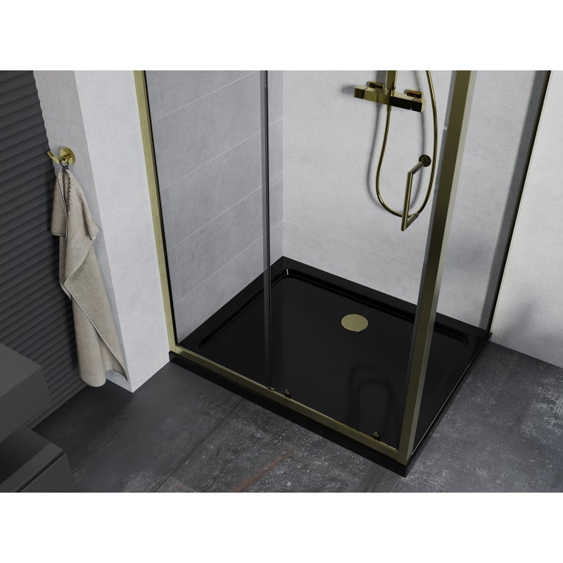 Mexen Apia Duschkabine verschiebbar 100 x 70 cm, transparent, golden + Duschwanne Flat, schwarz - 840-100-070-50-00-4070G