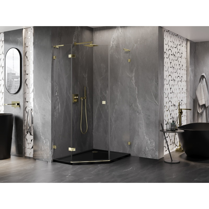 Mexen Lunar L Fünfeck-Duschkabine schwenkbar links 90 x 100 cm, transparent, gold - 831L-090L-100P-50-00-L