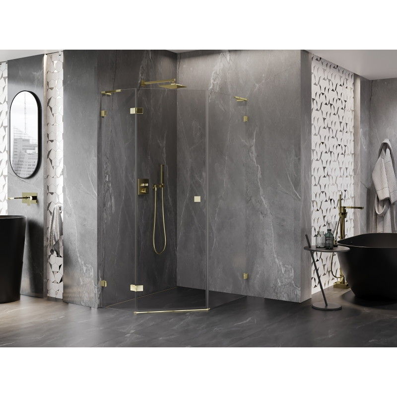 Mexen Lunar L Fünfeck-Duschkabine schwenkbar links 90 x 100 cm, transparent, gold - 831L-090L-100P-50-00-L