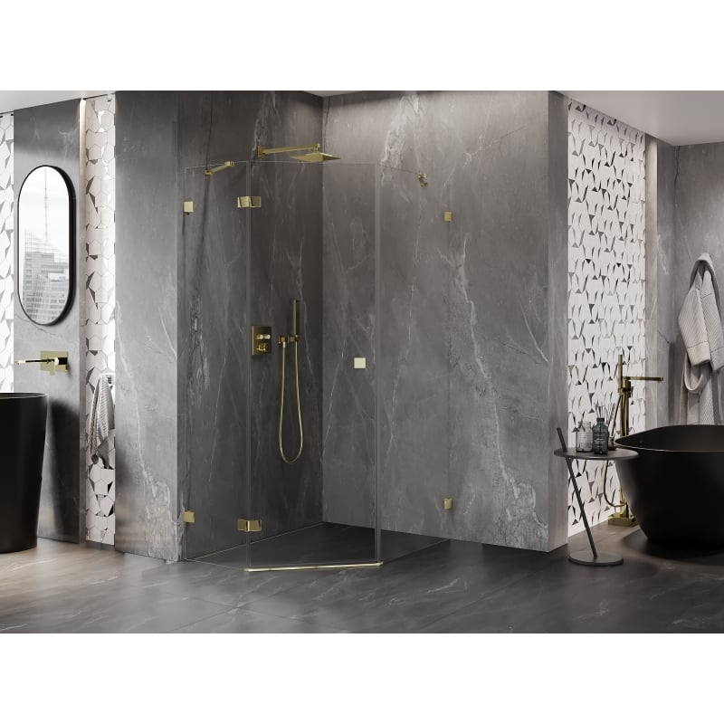 Mexen Lunar Fünfeck-Duschkabine, links öffnend, 90 x 100 cm, transparent, gold - 831-090L-100P-50-00-L