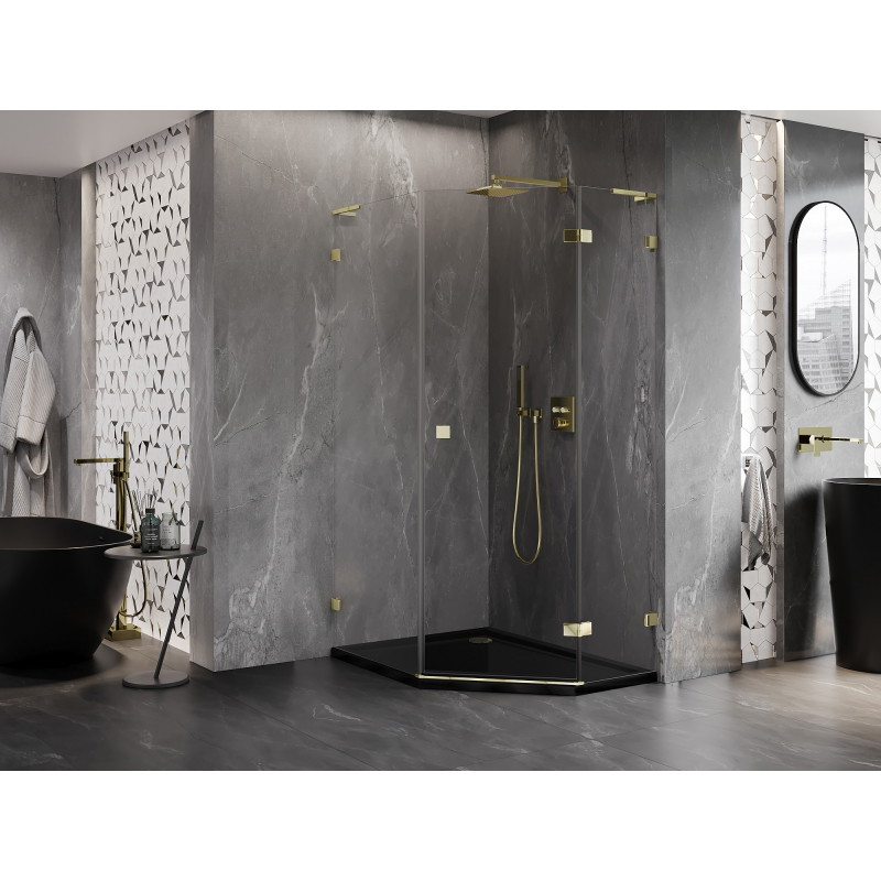 Mexen Lunar L fünfeckige Duschkabine, schwenkbar rechts 90 x 100 cm, transparent, gold - 831L-090P-100L-50-00-P