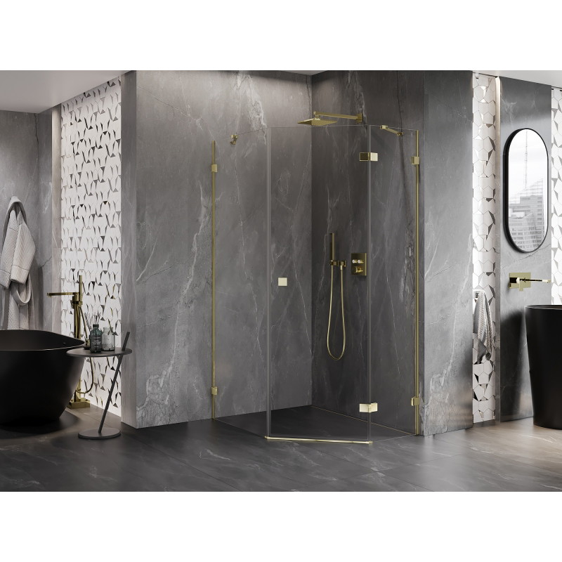 Mexen Lunar fünfeckige Duschkabine, schwenkbar, rechts 80 x 90 cm, transparent, gold - 831-080P-090L-50-00-P