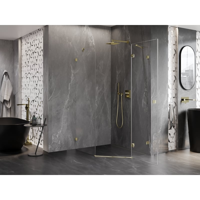 Mexen Lunar Fünfeck-Duschkabine schwenkbar rechts 80 x 100 cm, transparent, gold - 831-080P-100L-50-00-P