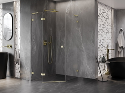 Mexen Lunar L fünfeckige Duschkabine, links öffnend, 80 x 90 cm, transparent, gebürstetes Gold - 831L-080L-090P-55-00-L