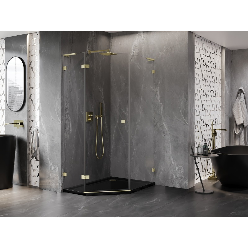 Mexen Lunar L fünfeckige Duschkabine, schwenkbar, links, 80 x 100 cm, transparent, gold gebürstet - 831L-080L-100P-55-00-L