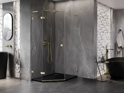Mexen Lunar L fünfeckige Duschkabine, linke Schwingtür 80 x 100 cm, transparent, gebürstetes Gold - 831L-080L-100P-55-00-L
