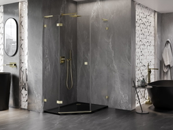 Mexen Lunar L fünfeckige Duschkabine, schwenkbar, links, 80 x 100 cm, transparent, gold gebürstet - 831L-080L-100P-55-00-L