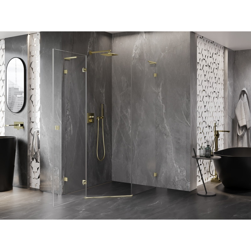 Mexen Lunar L fünfeckige Duschkabine, linke Schwingtür 80 x 100 cm, transparent, gebürstetes Gold - 831L-080L-100P-55-00-L
