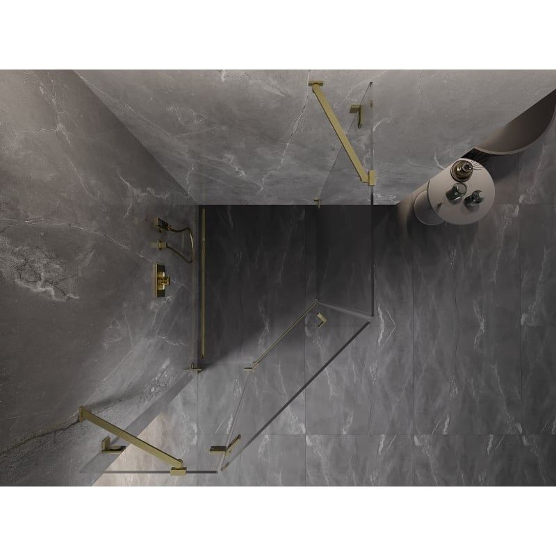 Mexen Lunar fünfeckige Duschkabine, links schwenkbar, 80 x 100 cm, transparent, gebürstet gold - 831-080L-100P-55-00-L