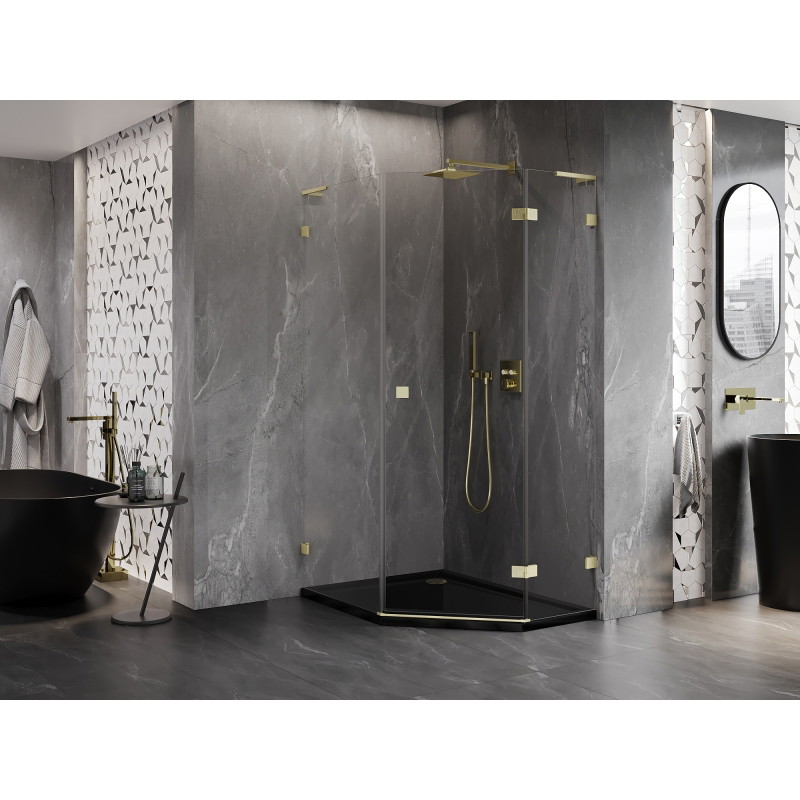 Mexen Lunar L fünfeckige, schwenkbare Duschkabine rechts 80 x 100 cm, transparent, gold gebürstet - 831L-080P-100L-55-00-P