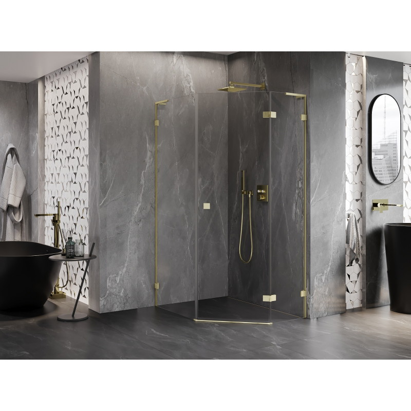 Mexen Lunar L fünfeckige, schwenkbare Duschkabine rechts 80 x 100 cm, transparent, gold gebürstet - 831L-080P-100L-55-00-P