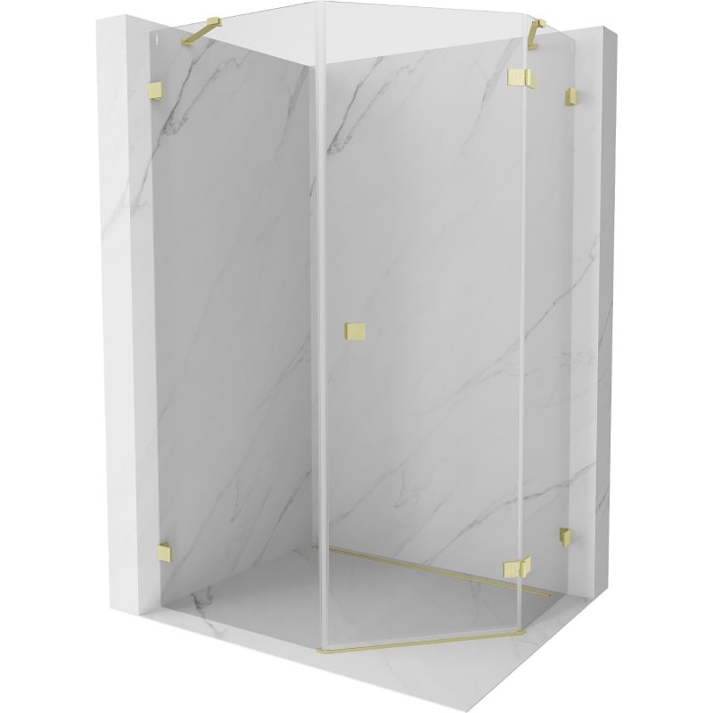Mexen Lunar Fünfeck-Duschkabine, rechts angeschlagen, 90 x 100 cm, transparent, gebürstetes Gold - 831-090P-100L-55-00-P
