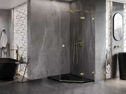 Mexen Lunar Fünfeck-Duschkabine, rechts angeschlagen, 90 x 100 cm, transparent, gebürstetes Gold - 831-090P-100L-55-00-P