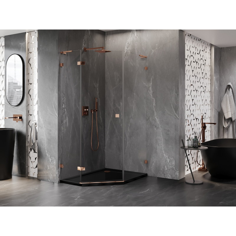 Mexen Lunar L Fünfeck-Duschkabine schwenkbar links 80 x 90 cm, transparent, Roségold - 831L-080L-090P-60-00-L