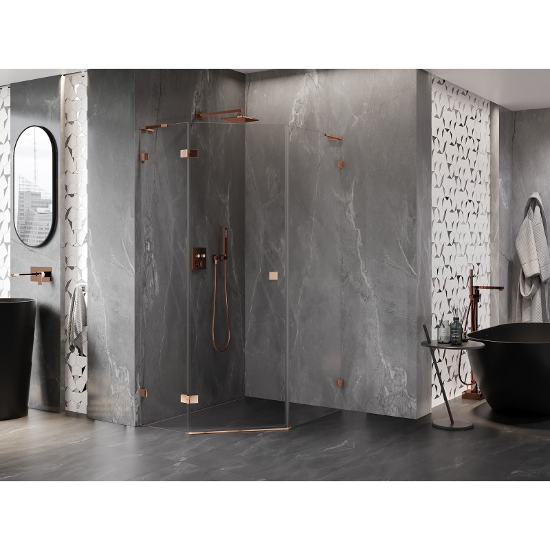 Mexen Lunar L Fünfeck-Duschkabine schwenkbar links 80 x 90 cm, transparent, Roségold - 831L-080L-090P-60-00-L