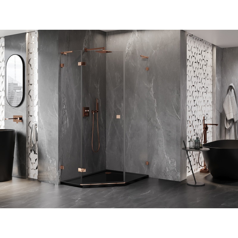 Mexen Lunar L Fünfeckige Duschkabine mit linker Schwenktür 80 x 100 cm, transparent, Roségold - 831L-080L-100P-60-00-L