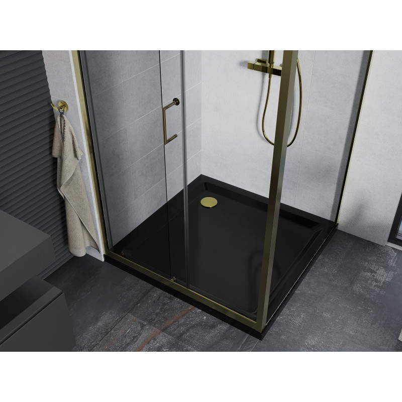 Mexen Apia Duschkabine Schiebetür 100 x 100 cm, transparent, gold + Duschwanne Flat, schwarz - 840-100-100-50-00-4070G