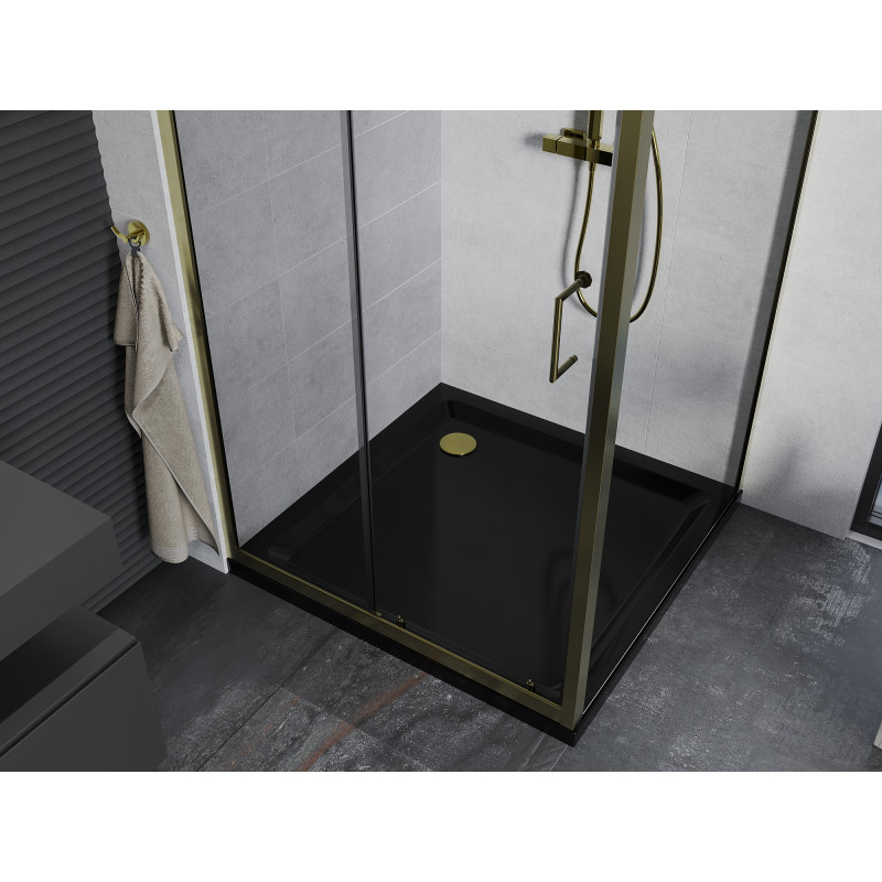 Mexen Apia Schiebeduschkabine 100 x 100 cm, transparent, gold + Flat Duschwanne, schwarz - 840-100-100-50-00-4070G