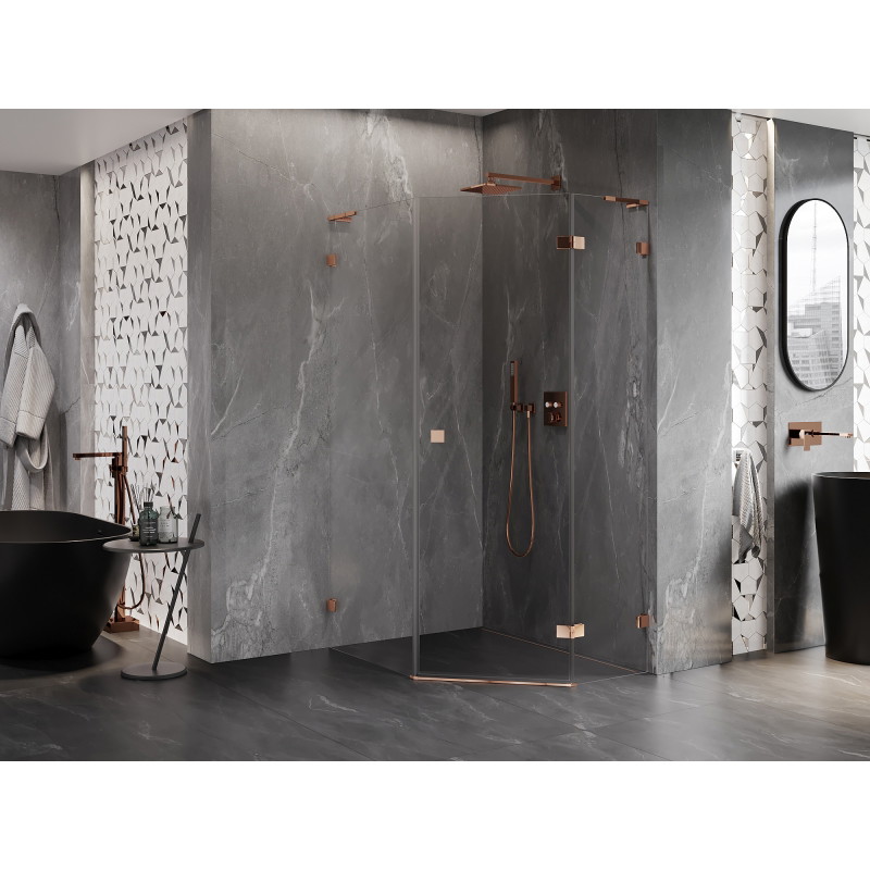 Mexen Lunar L Fünfeck-Duschkabine mit rechter Schwingtür 80 x 90 cm, transparent, Roségold - 831L-080P-090L-60-00-P