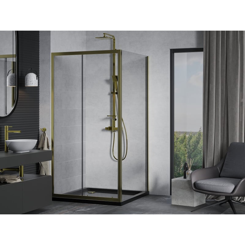 Mexen Apia Duschkabine Schiebetür 100 x 100 cm, transparent, gold + Duschwanne Flat, schwarz - 840-100-100-50-00-4070G